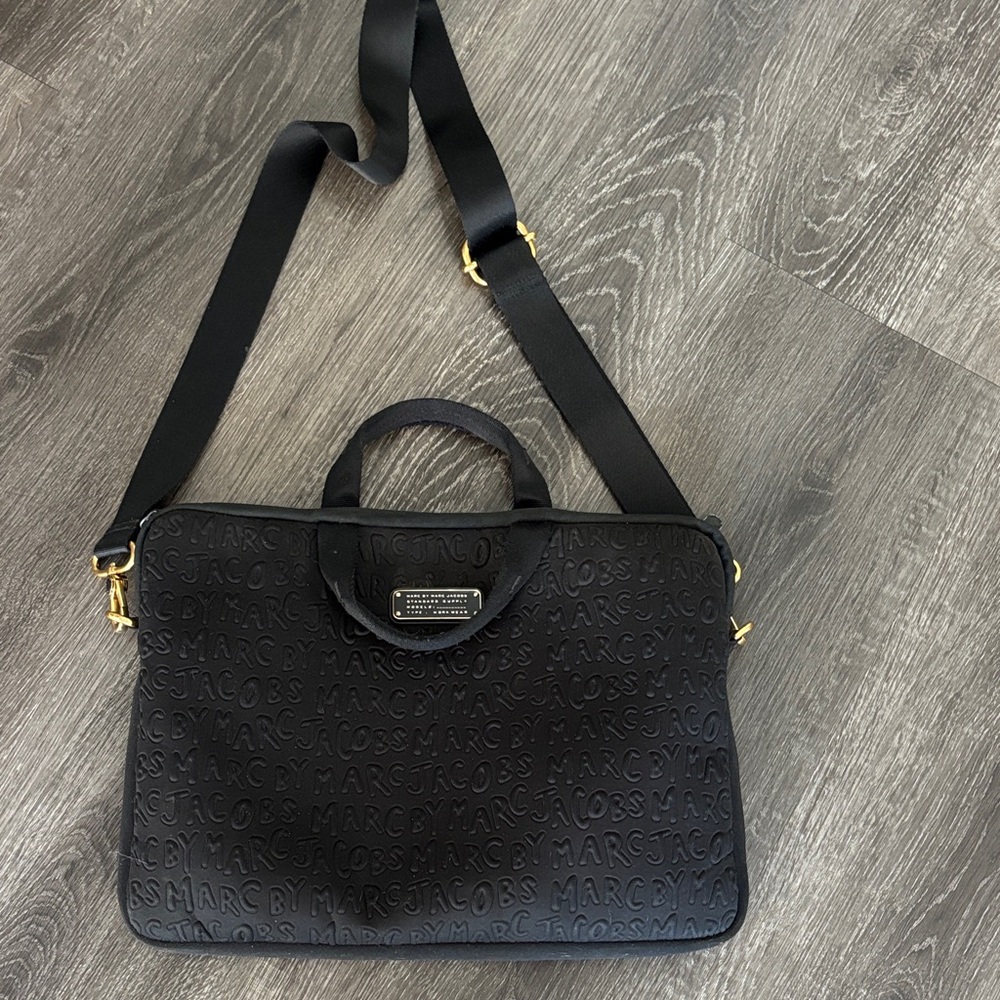 Marc Jacobs Black Embossed Laptop Bag with Gold Accents
